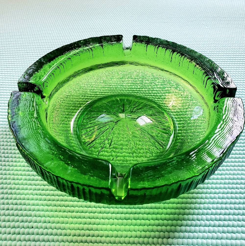 Vintage Green Glass Chunky Ashtray 7.75"